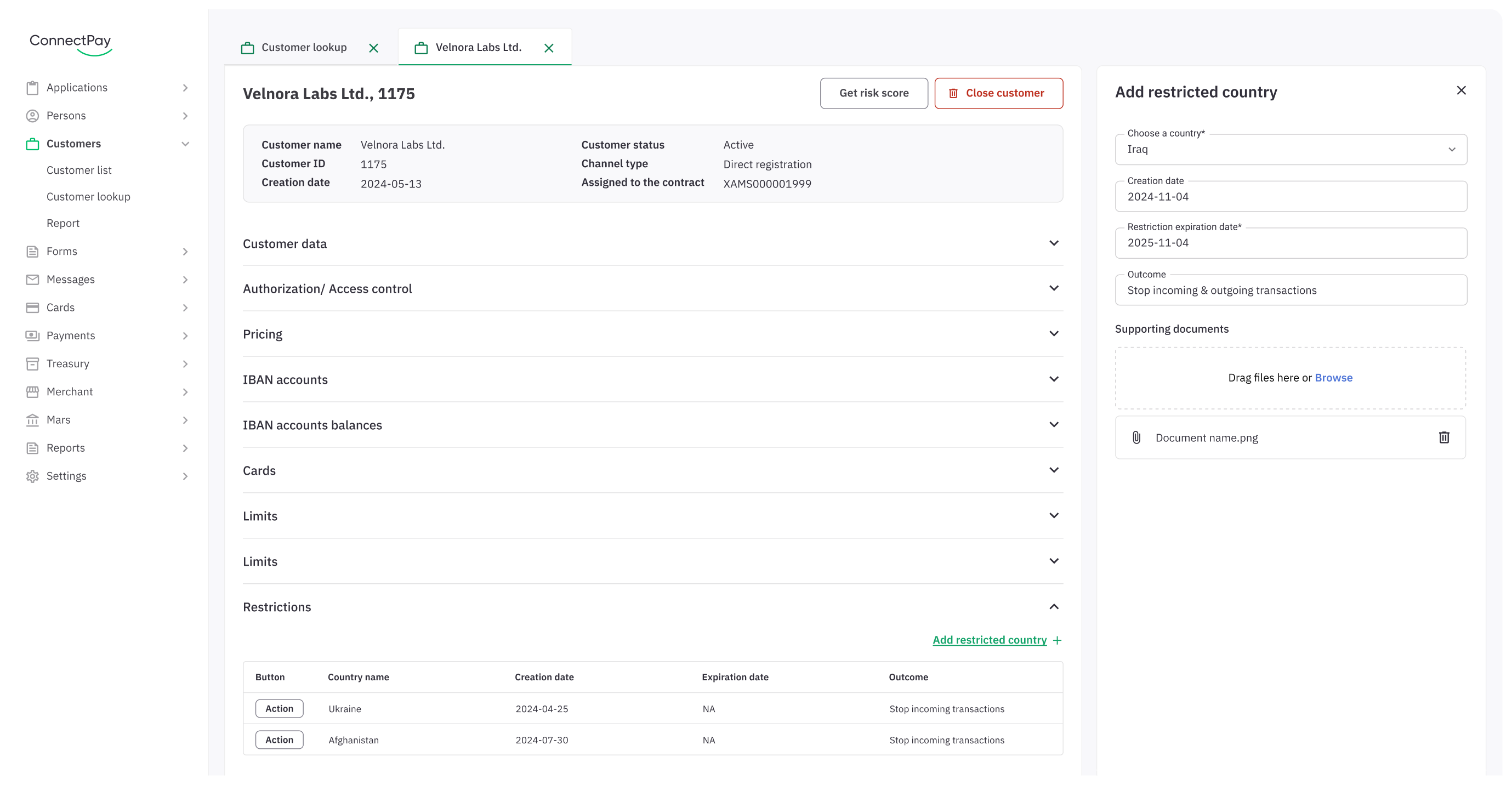 ConnectPay Jupiter customer operations interface.